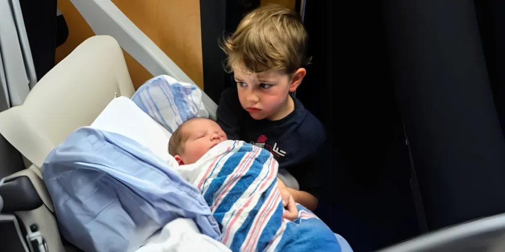 A little boy standing next to a newborn baby