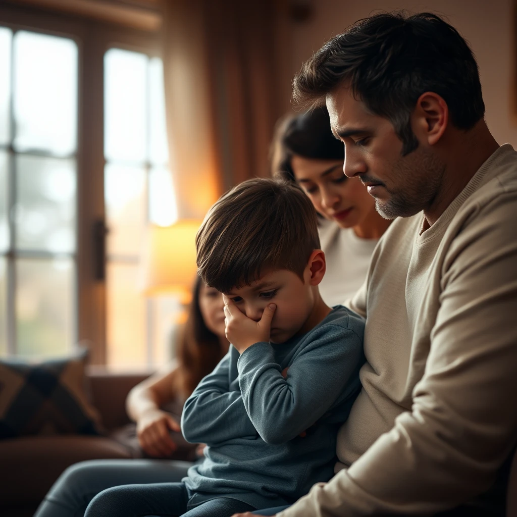 A worried boy whispering to his parents